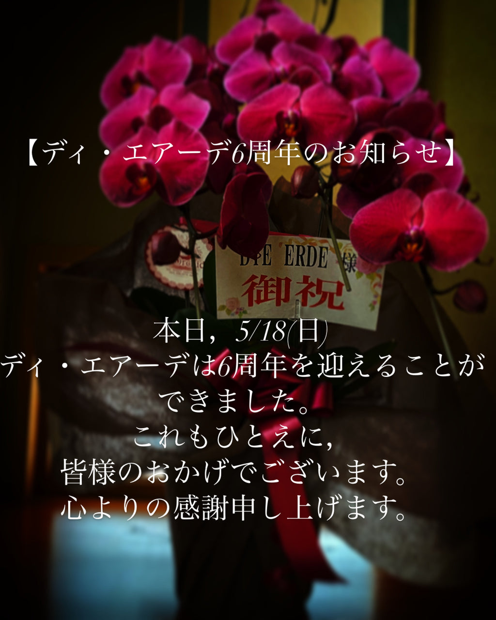 本日、5/18(日)ディ・エアーデは6周年を迎えました。
