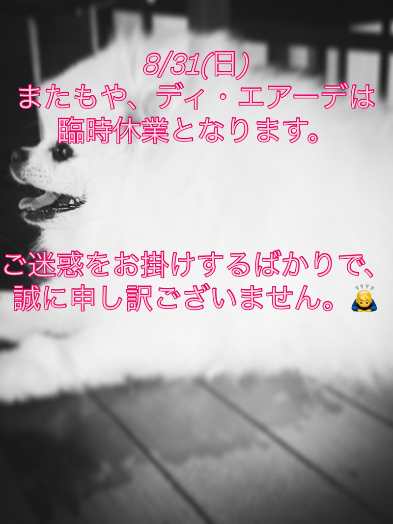 8/31(日)ディ・エアーデ臨時休業のお知らせ。
