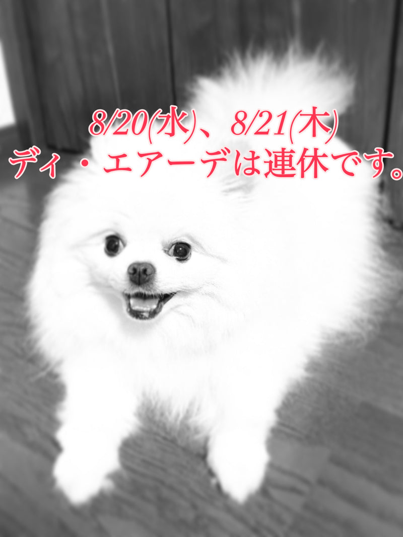 8/20(水)、8/21(木)ディ・エアーデは連休です。