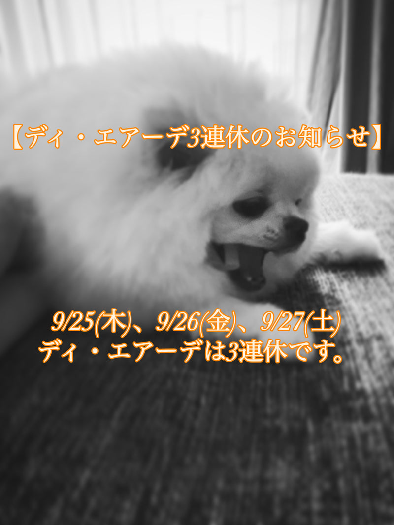 9/25(木)、9/26金)、9/27(土)ディ・エアーデ3連休のお知らせ
