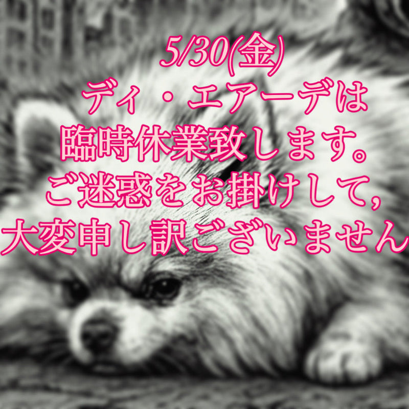 本日、5/30(金)ディ・エアーデ臨時休業のお知らせ。