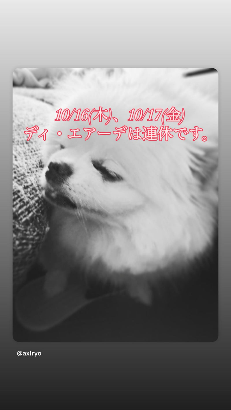 10/16(木)、10/17(金)ディ・エアーデ連休のお知らせ。