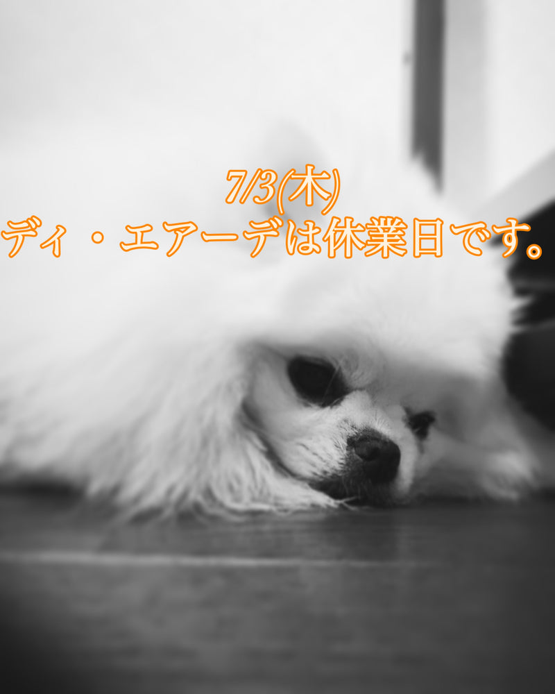 本日、7/3(木)ディ・エアーデ休業日のお知らせ。